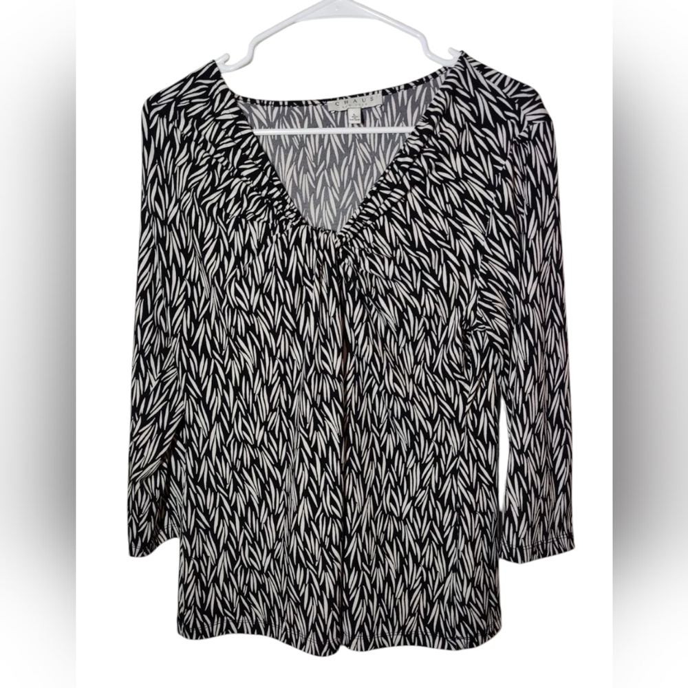 Chaus New York Black White 3/4-Sleeve‎ Twist-Front Leaf Stretch Top Blouse L